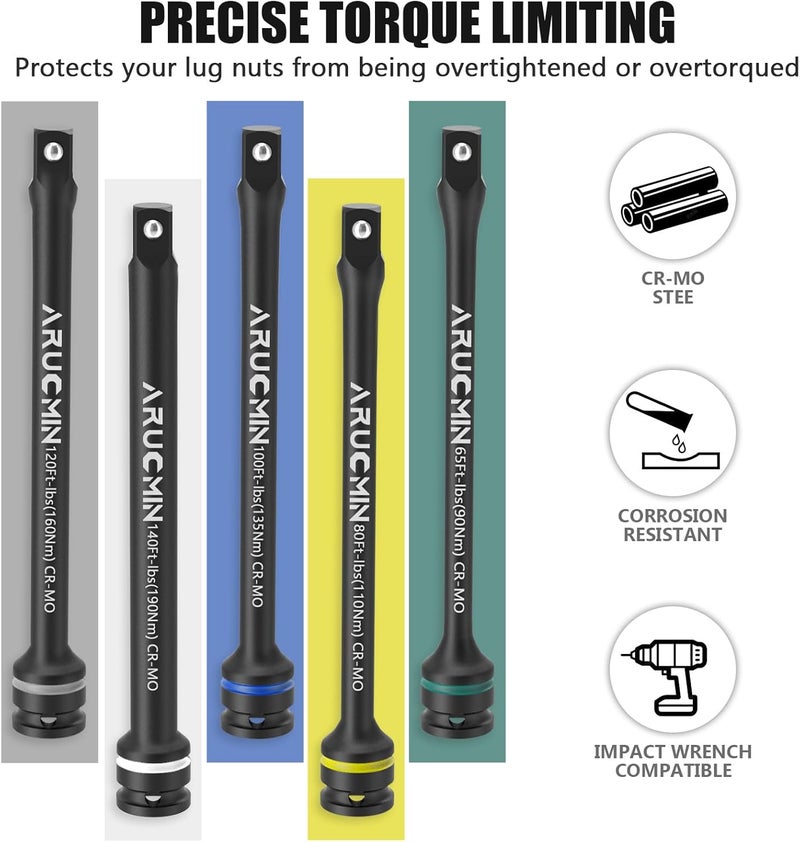 ARUCMIN 1/2" Drive Torque Limiting Extension Bar Set, 5-Piece Lug Nut Torque Stick Set With 8 Inch Color-Coded 65 to 140 Ft-Lbs Torque Sticks - Image 2